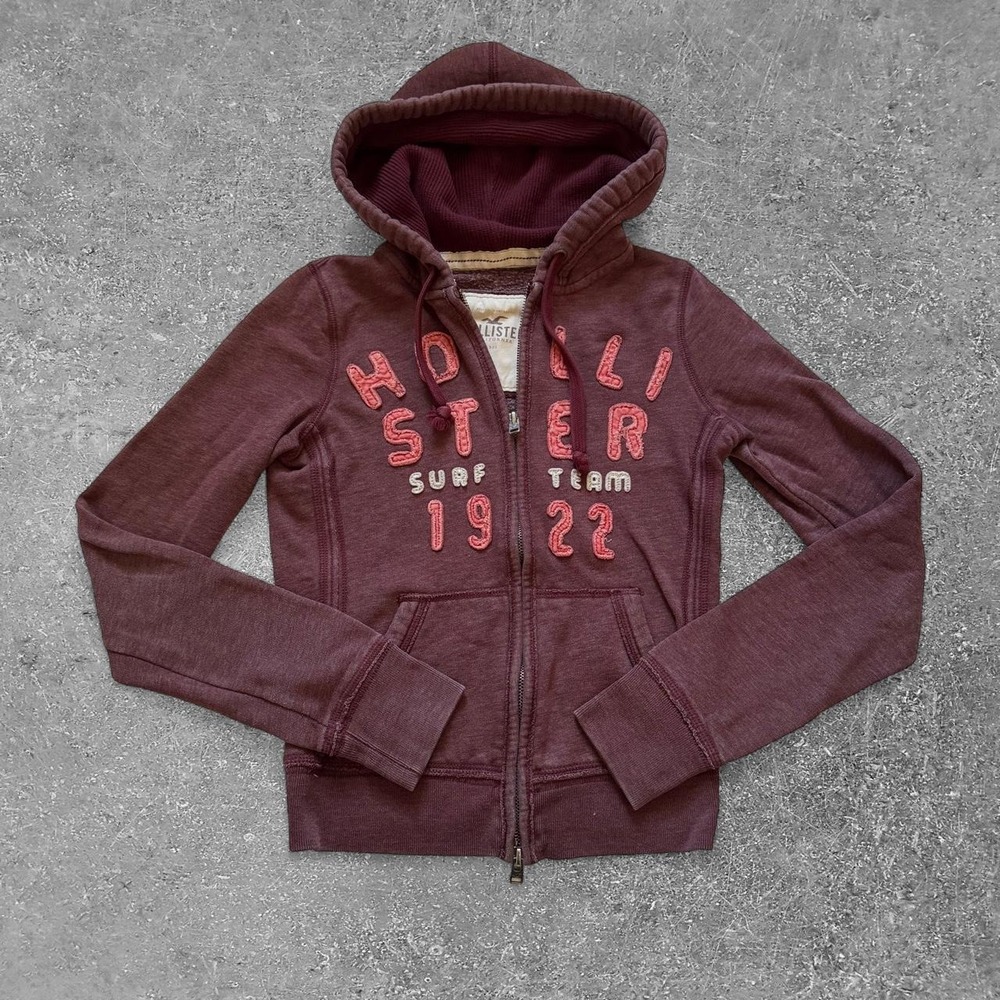 Hollister Womens Burgundy Zip Up Hoodie Surf Team 1922 Pink Graphic XS Y2K
